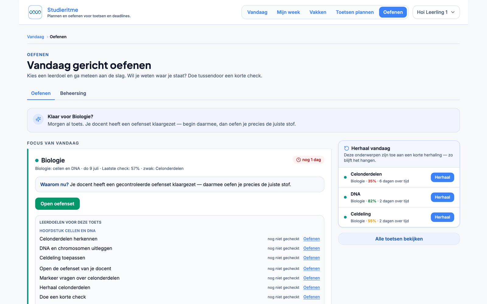 De Oefenen-hub in Studieritme met leerdoelen per toets en een directe start-knop