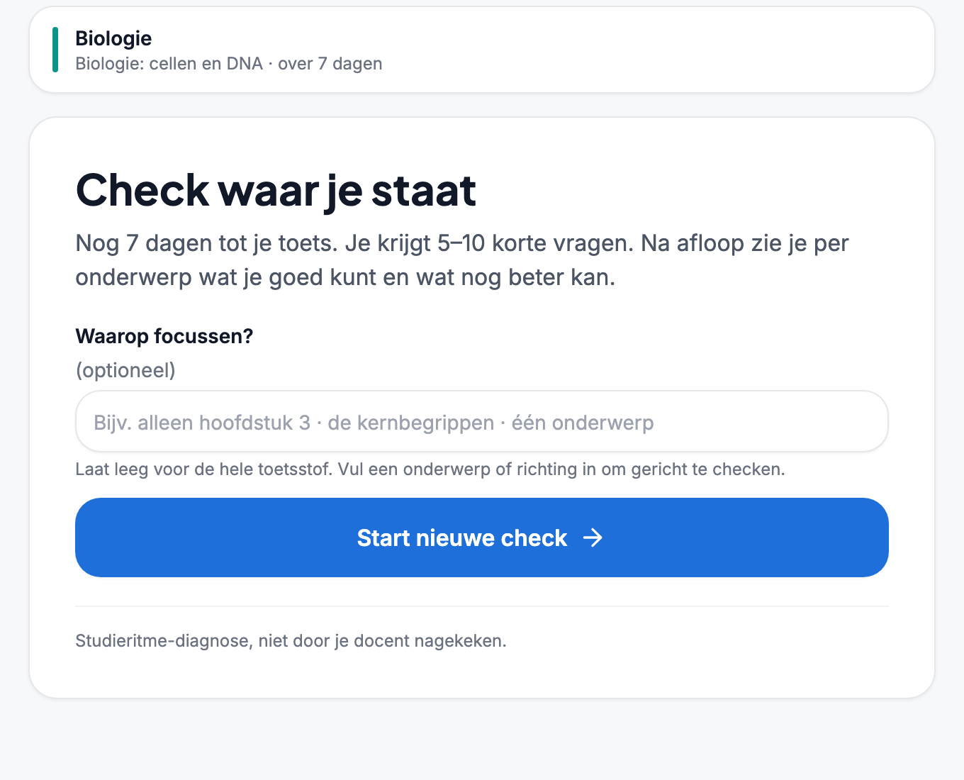 De AI-Studiecoach in Studieritme met een korte oefencheck voor een biologietoets in drie stappen